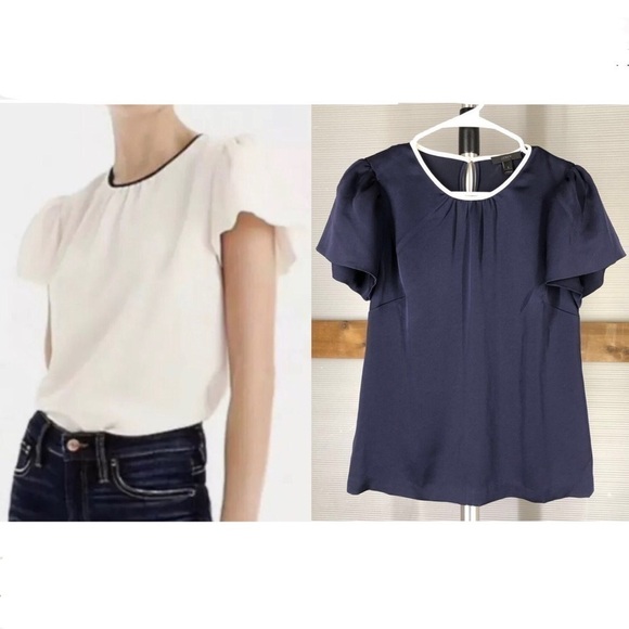 J. CREW Blue Satin Puffed Short Sleeve Top White trim Sz 2 - Picture 1 of 7